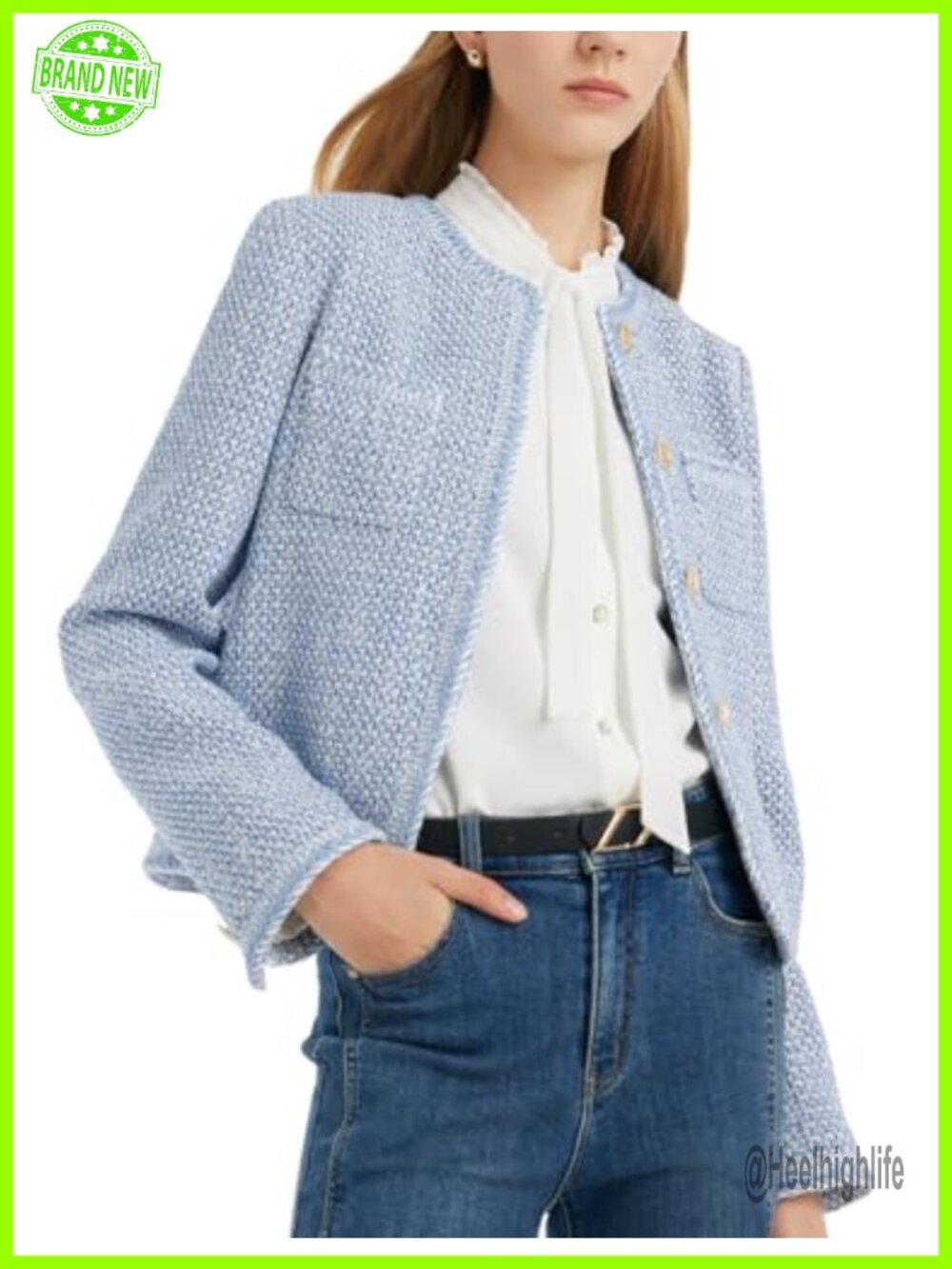 Womens Tweed Blazer Long Sleeve Open Front Business Casual Jacket Lightweight
